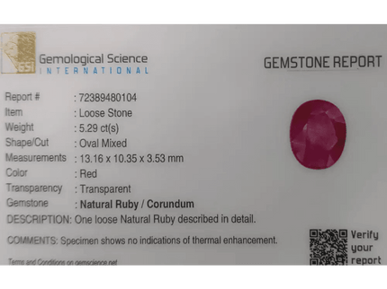 5.29ct Mozambique Ruby Natural Untreated Gemstone GSI Certified - SMSGEMS 