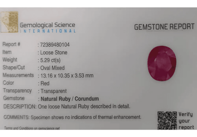 5.29ct Mozambique Ruby Natural Untreated Gemstone GSI Certified - SMSGEMS 