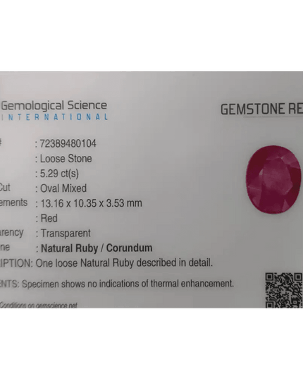 5.29ct Mozambique Ruby Natural Untreated Gemstone GSI Certified - SMSGEMS 