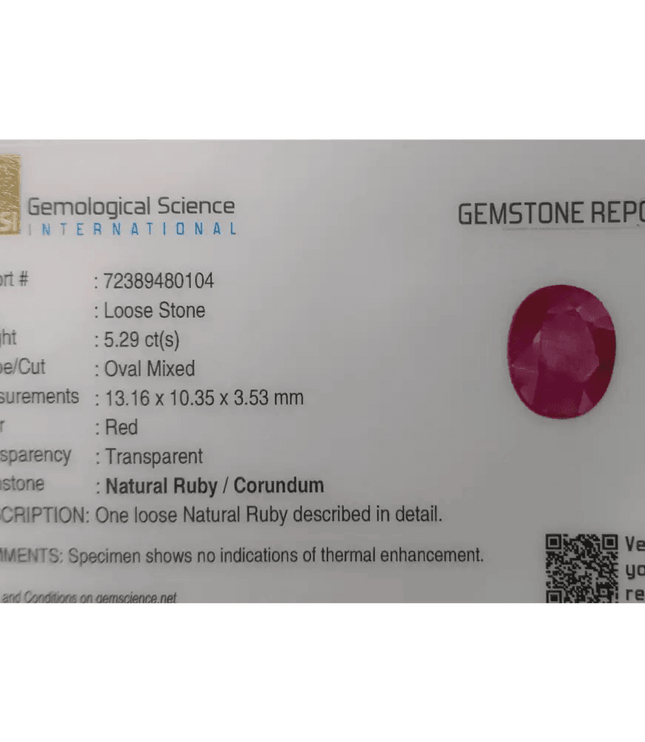 5.29ct Mozambique Ruby Natural Untreated Gemstone GSI Certified - SMSGEMS 