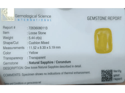 5.44ct Intense Yellow Ceylon Sapphire GSI Certified - SMSGEMS 