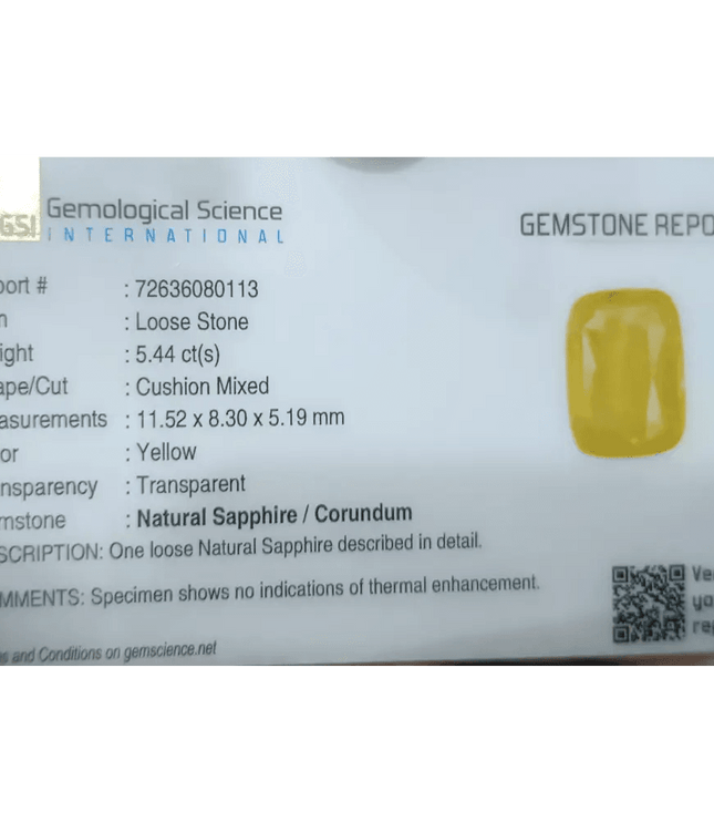 5.44ct Intense Yellow Ceylon Sapphire GSI Certified - SMSGEMS 