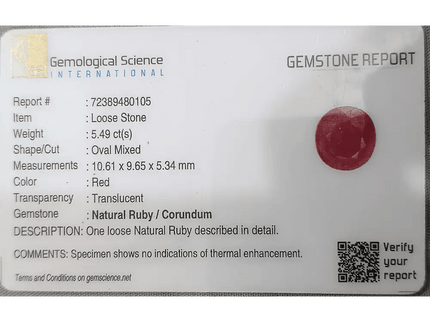 GSI Certified 5.49ct Ruby , 100% Natural Ruby - SMSGEMS 
