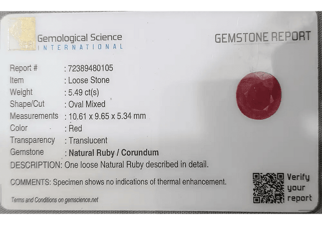 GSI Certified 5.49ct Ruby , 100% Natural Ruby - SMSGEMS 