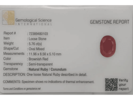 5.76ct Natural Untreated Ruby GSI Certified - SMSGEMS 