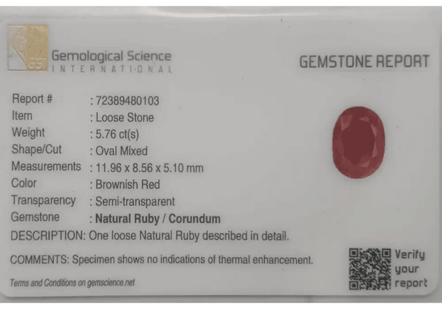 5.76ct Natural Untreated Ruby GSI Certified - SMSGEMS 
