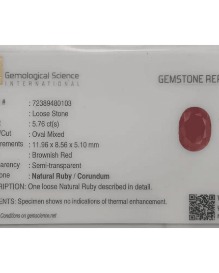 5.76ct Natural Untreated Ruby GSI Certified - SMSGEMS 