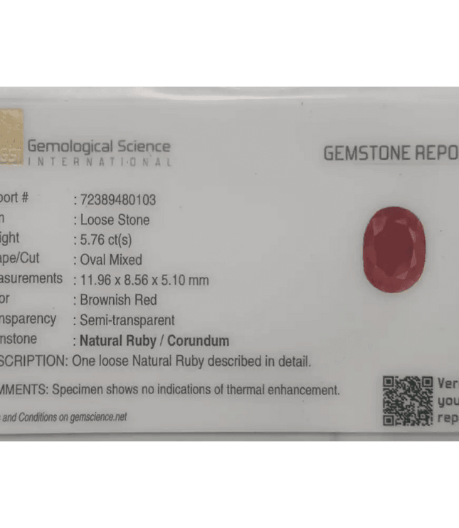 5.76ct Natural Untreated Ruby GSI Certified - SMSGEMS 