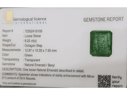 GSI Certified 8.22ct Zambian Emerald, Natural Gemstone - SMSGEMS 