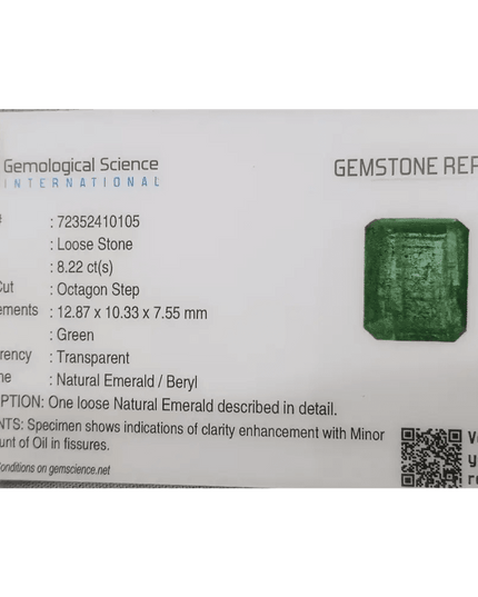 GSI Certified 8.22ct Zambian Emerald, Natural Gemstone - SMSGEMS 