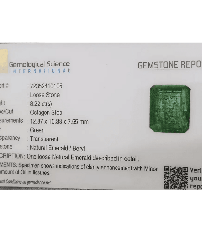 GSI Certified 8.22ct Zambian Emerald, Natural Gemstone - SMSGEMS 