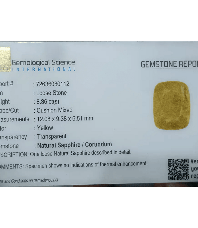 8.36ct Natural Yellow Ceylon Sapphire GSI Certified - SMSGEMS 