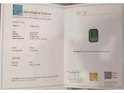 HUGE GSI Certified 36.95ct Deep Green Zambian Emerald , Natural Earth Mined Gemstone - SMSGEMS 