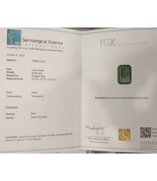 HUGE GSI Certified 36.95ct Deep Green Zambian Emerald , Natural Earth Mined Gemstone - SMSGEMS 