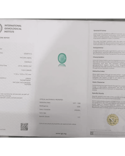 IGI Certified 13.36ct Pakistan Oval Cut Full Luster Emerald, Natural Earth Mined Gemstone. - SMSGEMS 