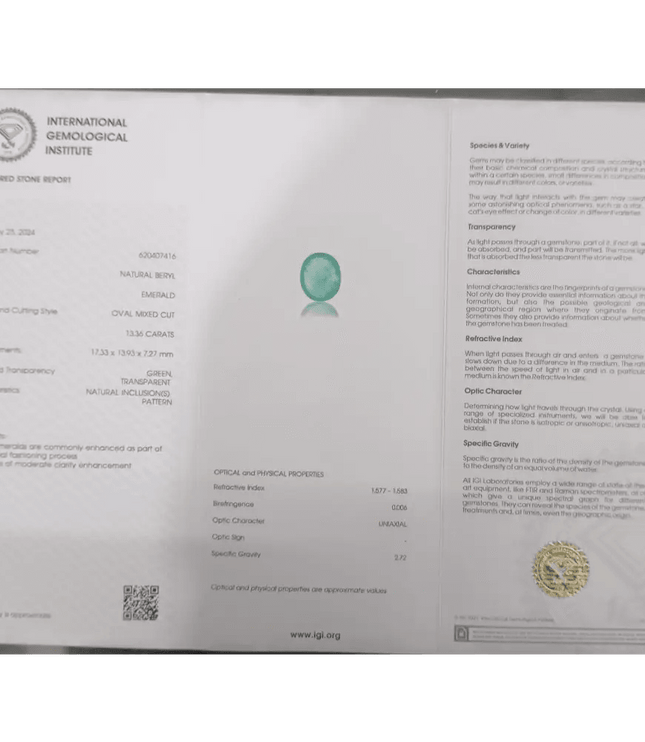 IGI Certified 13.36ct Pakistan Oval Cut Full Luster Emerald, Natural Earth Mined Gemstone. - SMSGEMS 