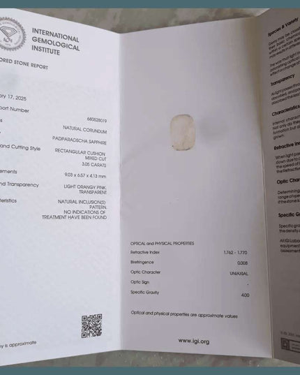 3.05ct IGI Certified Ceylon Padparadscha Sapphire - SMSGEMS 