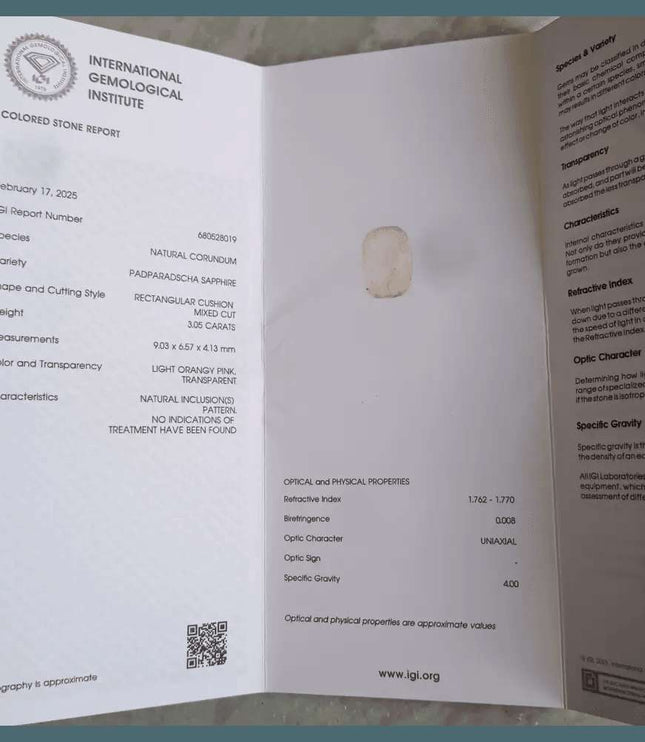 3.05ct IGI Certified Ceylon Padparadscha Sapphire - SMSGEMS 