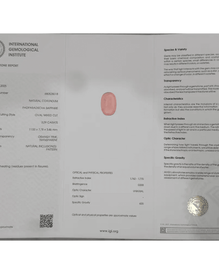 IGI Certified 3.29ct Padparadscha Sapphire, Natural Heated Gemstone - SMSGEMS 