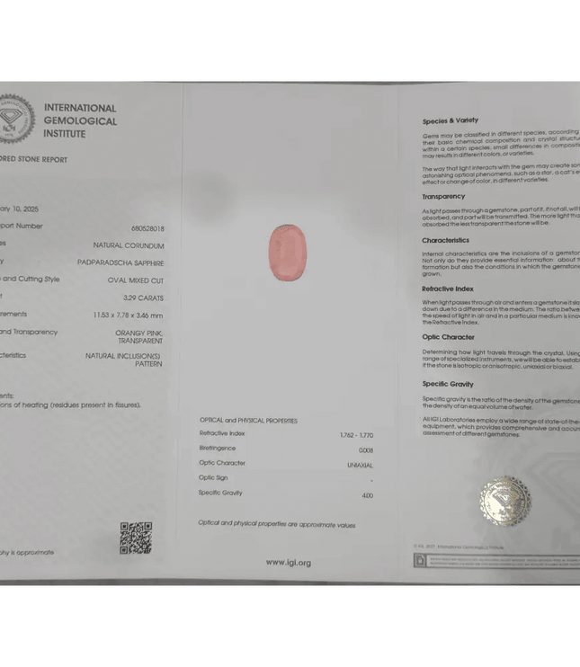 IGI Certified 3.29ct Padparadscha Sapphire, Natural Heated Gemstone - SMSGEMS 