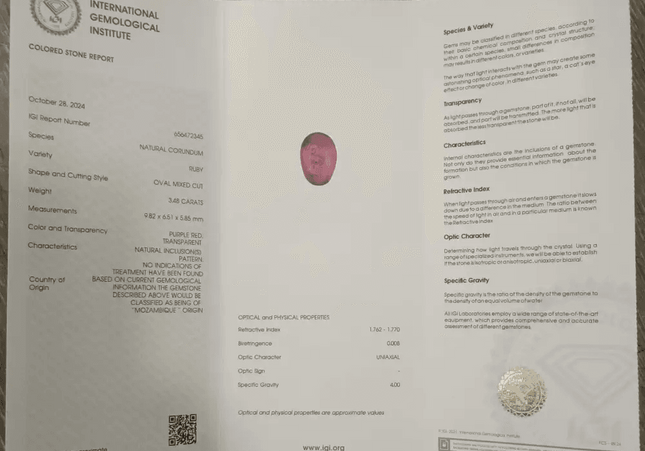 IGI Certified 3.48ct Deep Purple Red mozambique Ruby, Natural Untreated Gemstone - SMSGEMS 