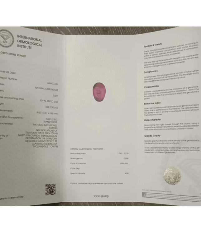 IGI Certified 3.48ct Deep Purple Red mozambique Ruby, Natural Untreated Gemstone - SMSGEMS 