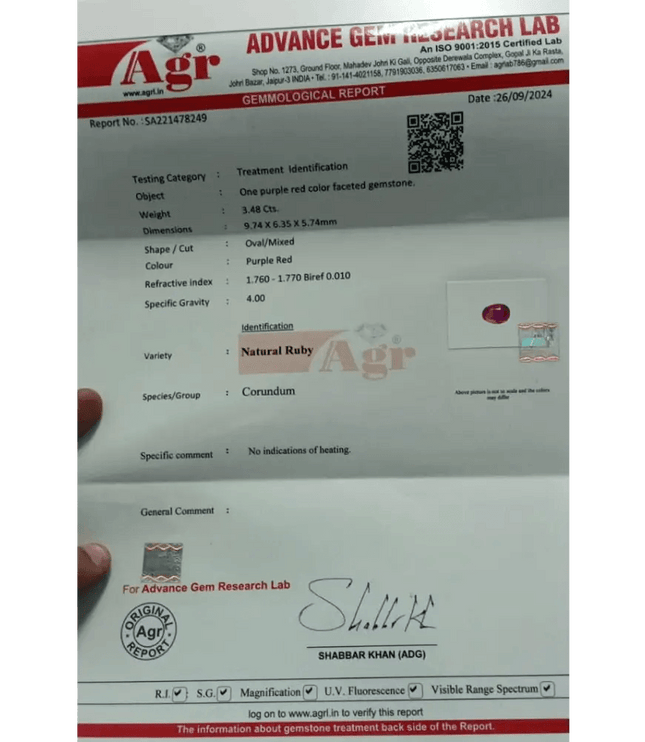 IGI Certified 3.48ct Deep Purple Red mozambique Ruby, Natural Untreated Gemstone - SMSGEMS 