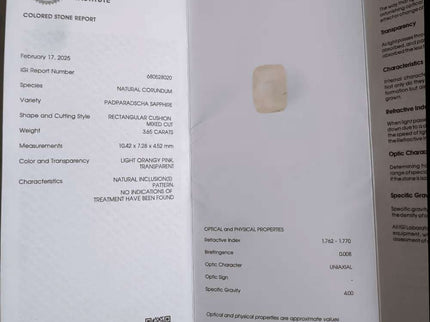 3.65ct IGI Certified Untreated Ceylon Padparadscha Sapphire - SMSGEMS 