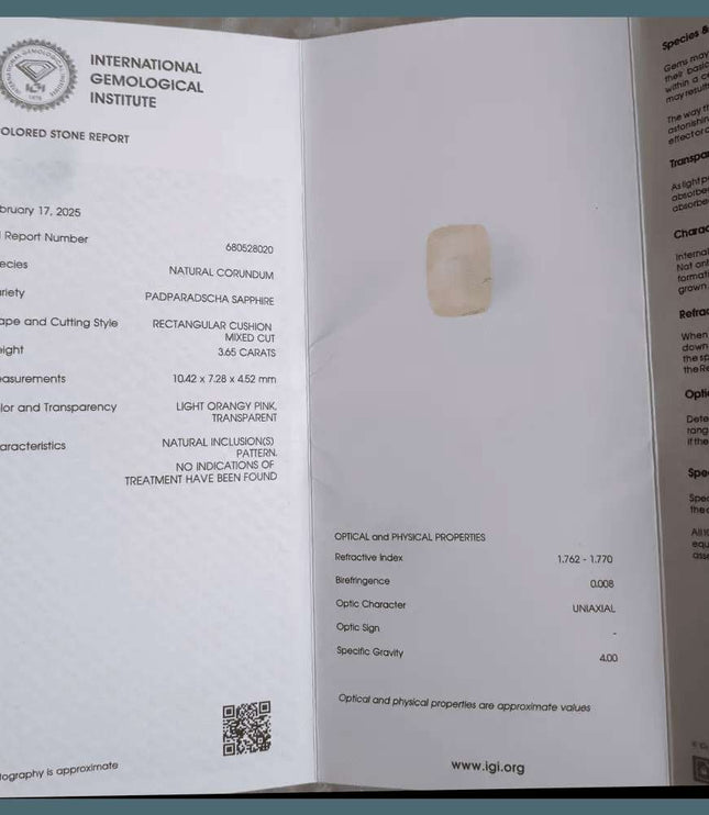 3.65ct IGI Certified Untreated Ceylon Padparadscha Sapphire - SMSGEMS 