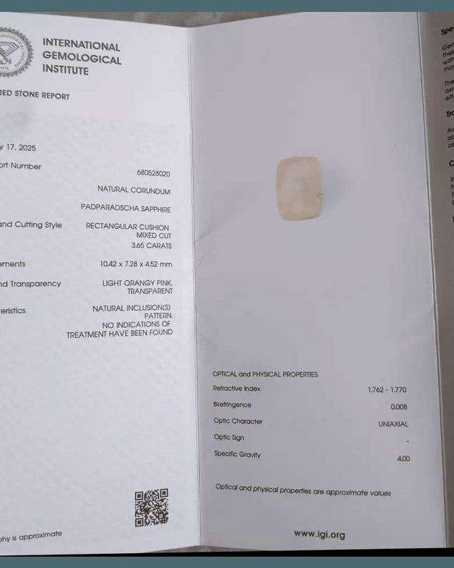 3.65ct IGI Certified Untreated Ceylon Padparadscha Sapphire - SMSGEMS 