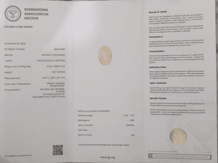 3.67ct IGI Certified Natural Untreated Padparadscha Sapphire - SMSGEMS 