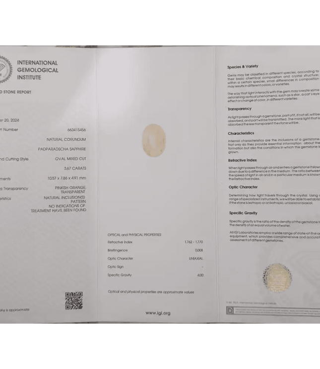 3.67ct IGI Certified Natural Untreated Padparadscha Sapphire - SMSGEMS 