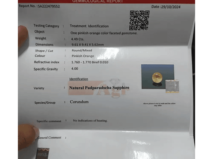 IGI Certified 4.48ct Padparadscha Sappire, Natural Untreated Gemstone - SMSGEMS 