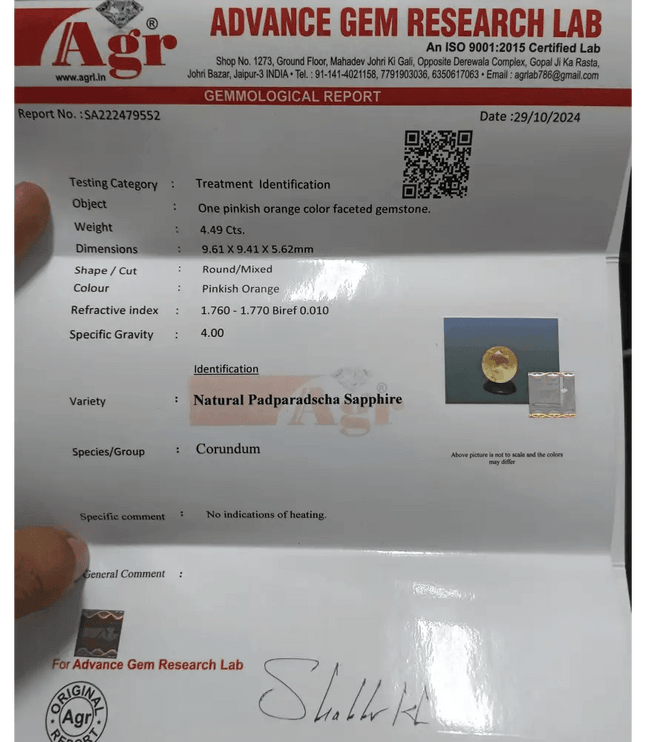 IGI Certified 4.48ct Padparadscha Sappire, Natural Untreated Gemstone - SMSGEMS 