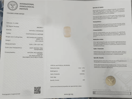 IGI Certified 4.90ct Padparadscha Sapphire, Natural untreated Gemstone - SMSGEMS 