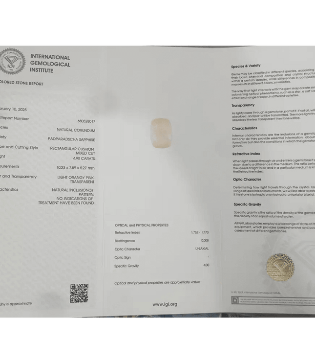 IGI Certified 4.90ct Padparadscha Sapphire, Natural untreated Gemstone - SMSGEMS 