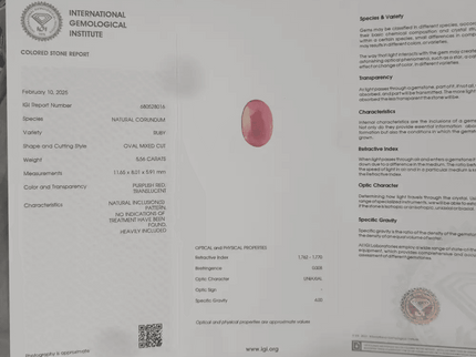 5.56ct African Ruby Natural Untreated Loose Ruby IGI Certified - SMSGEMS 