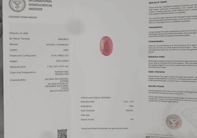 5.56ct African Ruby Natural Untreated Loose Ruby IGI Certified - SMSGEMS 