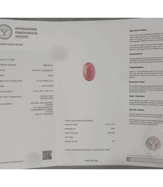 5.56ct African Ruby Natural Untreated Loose Ruby IGI Certified - SMSGEMS 