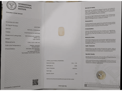 IGI Certified 6.38ct Padparadscha Sapphire, Natural Untreated Gemstone - SMSGEMS 