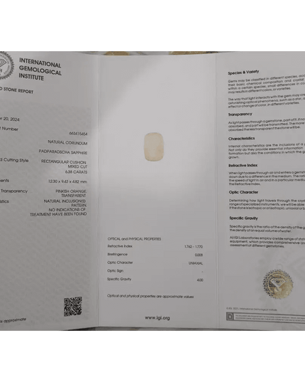 IGI Certified 6.38ct Padparadscha Sapphire, Natural Untreated Gemstone - SMSGEMS 