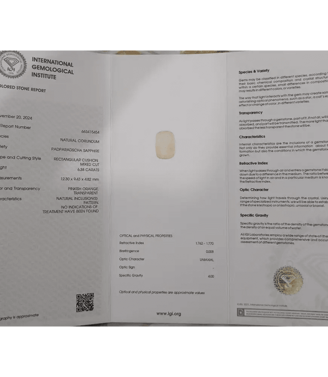 IGI Certified 6.38ct Padparadscha Sapphire, Natural Untreated Gemstone - SMSGEMS 