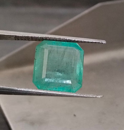 4.19ct  Bluish Green Square Cut Zambian Emerald, 100% Natural Earth Mined Gemstone