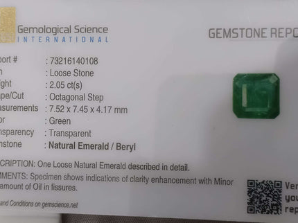 GSI Certified 2.05ct Medium Green Natural Zambian Emerald Minor Oiled Loose Gemstone