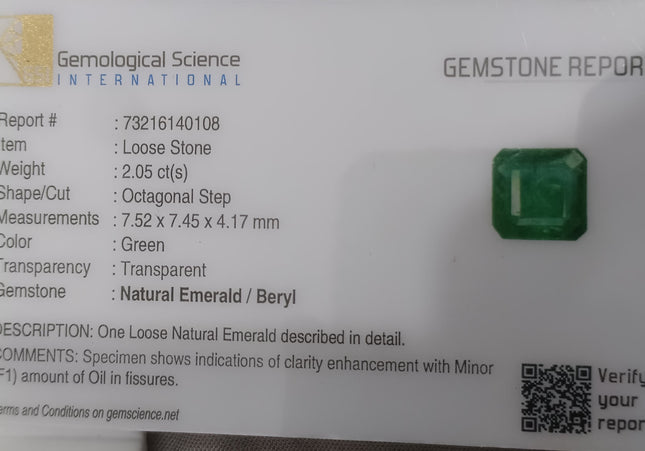 GSI Certified 2.05ct Medium Green Natural Zambian Emerald Minor Oiled Loose Gemstone