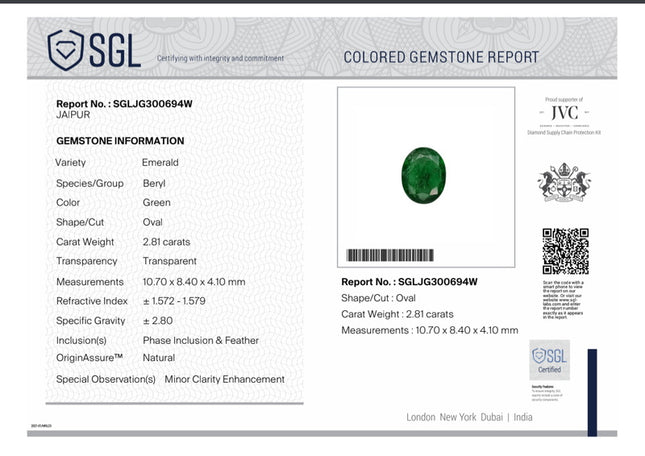 2.81ct Natural Emerald SGL Certified Zambian Deep Pure Green Oval Cut Gemstone