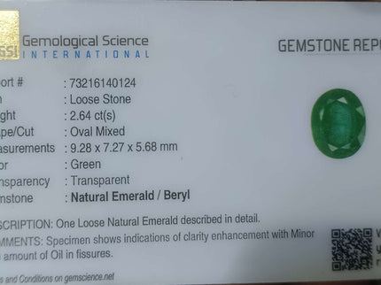 2.64ct Certified Natural Zambian Emerald, Green Loose  Gemstone