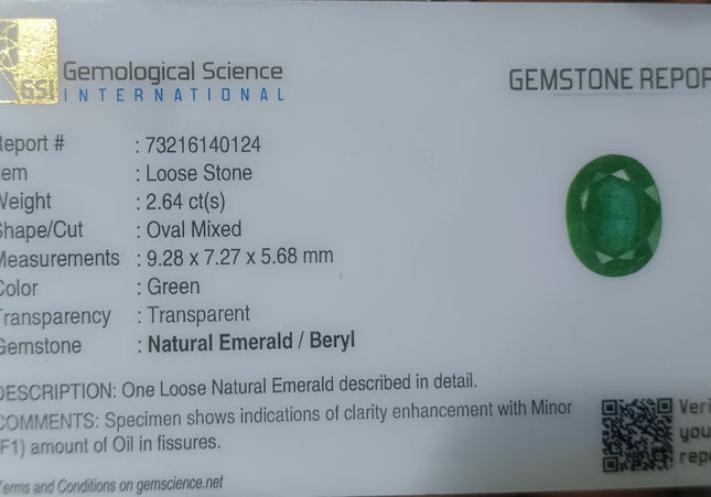 2.64ct Medium Green Zambian Emerald Minor Oiled Loose Gemstone