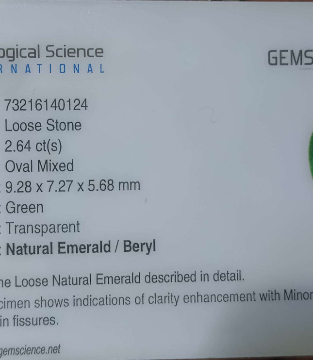 2.64ct Certified Natural Zambian Emerald, Green Loose  Gemstone