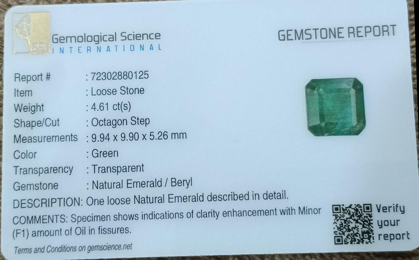 GSI Certified 4.62ct Deep Green Emerald , 100% Natural Gem